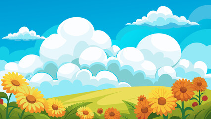 Fototapeta premium fluffy-white-clouds-drifting-above-a-field-of-sunf