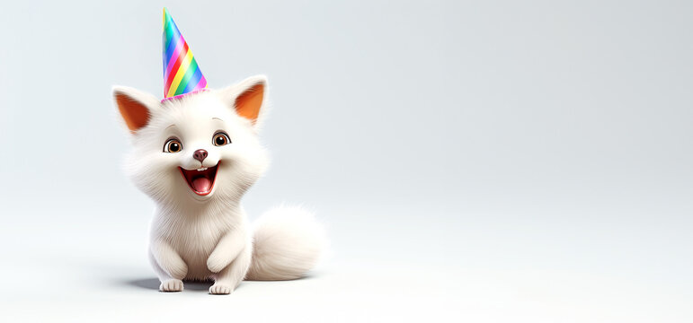 Cute white fluffy animal with birthday hat, panoramic  layout. Generative Ai