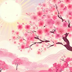 Fototapeta premium Spring landscape with blooming wild flowers,sunlight and blue sky,Generative Ai