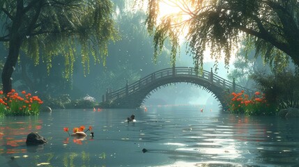 3D cartoon village bridge over stream, willows, ducks, serene turquoise background