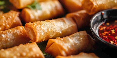 An appetizing close-up image of crispy fried spring rolls served on a plate, ready to be enjoyed with a spicy dipping sauce - obrazy, fototapety, plakaty