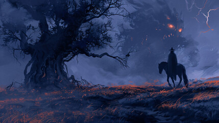 Horseman and scary tree in the mysterious landscape 