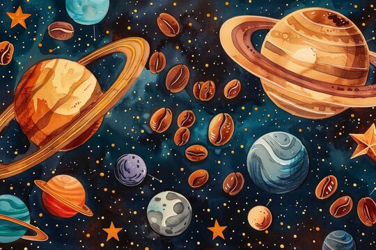 A painting of the planets in the solar system with a starry background