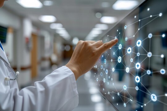 A doctor is pointing at a computer screen with a network of dots