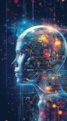 High-resolution illustration of a AI. Digital brain and neural links inside the robot head - obrazy, fototapety, plakaty