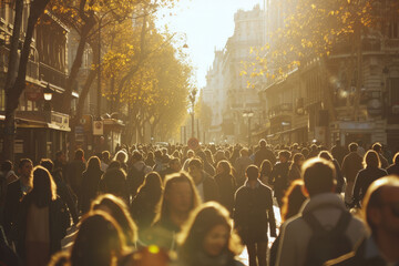 A crowd of unrecognizable blurred people walking along a city street. AI generative