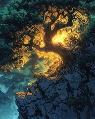 Fototapeta na wymiar Magical Glowing Tree in an Enchanted Forest Digital Art Illustration with Vibrant Fantasy Landscape