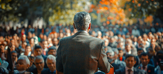 A man stands in front of a crowd of people, giving a speech - Powered by Adobe