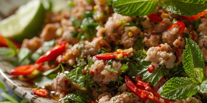 Close-up image of a spicy Thai minced meat salad with fresh herbs, chili, and lime Ideal for culinary concepts