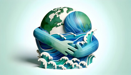 3D Icon: Ocean Embrace - A Watercolor Blend of Earth Day Blues and Greens, Perfect for Greeting Cards