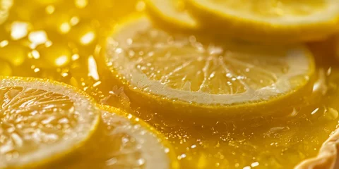 Poster Vibrant macro shot of fresh lemon slices with water drops, showcasing natural texture and freshness © gunzexx