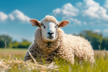 Fototapeta premium Portrait of a beautiful sheep on a sunny fresh meadow. AI generative