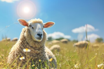 Portrait of a beautiful sheep on a sunny fresh meadow. AI generative