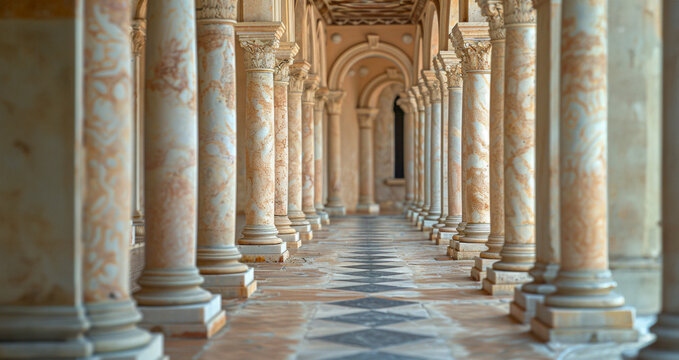 A long hallway with pillars and a marble floor