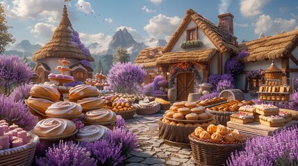 Cartoon 3D village bakery scene, bread and cakes, inviting lavender background