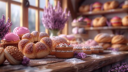 Cartoon 3D village bakery scene, bread and cakes, inviting lavender background - obrazy, fototapety, plakaty