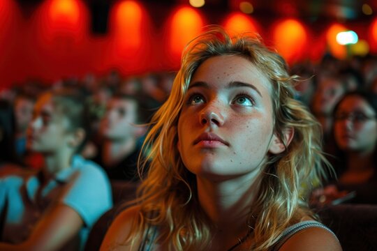 A woman standing on a stage, looking up at the audience in a theater. She appears focused and engaged as she connects with the viewers through eye contact