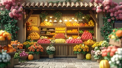 Cartoon 3D village market scene, stalls with fruits, flowers, lively yellow background - obrazy, fototapety, plakaty