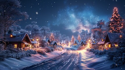 Cartoon 3D village winter scene, snowcovered cottages, aurora, deep blue background