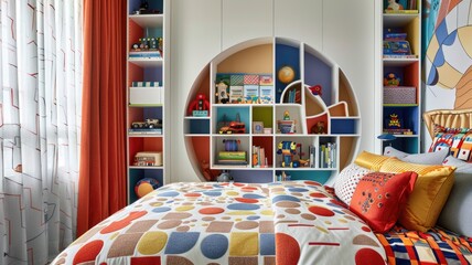 children's bedroom with a custom hinged bookshelf that stores books and toys, adding a fun and functional element to the space