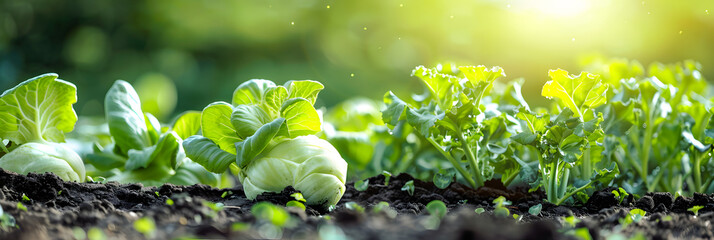 Fresh Organic Lettuce and Kohlrabi on Sunny Kitchen Garden Patch - Spring Allotment Background
