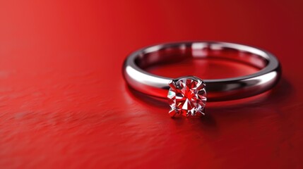A ring with a platinum band and a gemstone on a red background