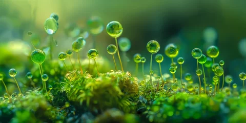 Gordijnen A serene landscape of dew drops forming crystal-clear bubbles on cushiony green moss © gunzexx