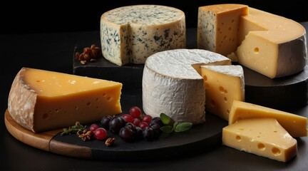 Cheese of different varieties on a black background.
