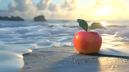 A vibrant apple glistens in the sun's beams, sitting on the sandy coastline, welcoming and refreshing - obrazy, fototapety, plakaty