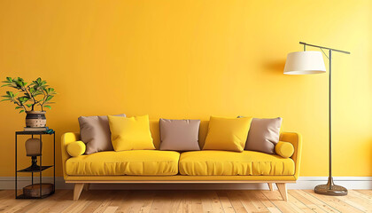 Living room interior cozy and comfortable in yellow design. Generative ai design concept art. - obrazy, fototapety, plakaty