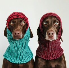 Two German Shorthaired Pointer dogs wearing balaclavas, in red and teal knitted wool, minimalist photography with a white background
