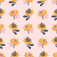 Modern seamless pattern with textured flowers. Vector square print, background, design 
