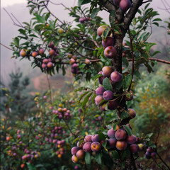 On a sturdy apple tree, vibrant red apples dangle like jewels, their glossy skins catching the sunlight, offering a tantalizing glimpse of nature's bounty.