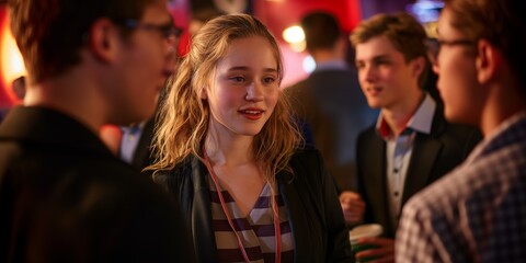Young adult girl smiling candidly while socializing at a party environment - obrazy, fototapety, plakaty