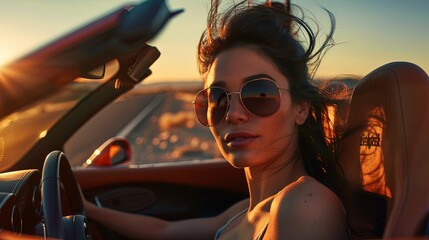 Closeup portrait of yooung woman driving convertible sports car at sunset