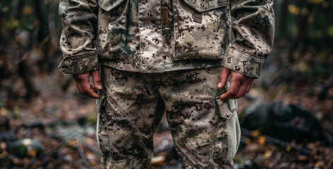 A man in camouflage clothing stands in a forest