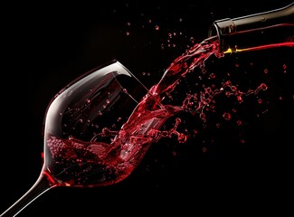 Red wine being poured into a glass, a macro shot on a black background. A closeup of red wine in the glass with a splash and bubbles, focused on the texture and color. High resolution photography