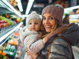 Obraz premium Happy mother and child shopping together in the supermarket during winter, Ai generate