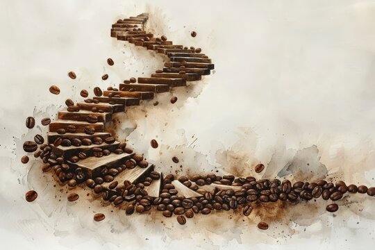 A painting of a staircase made of coffee beans