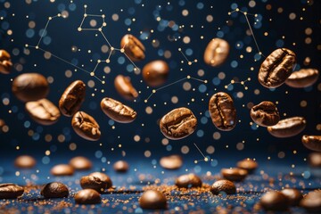 A large number of coffee beans scattered across a blue background