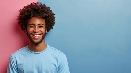 Enthusiastic man in sports attire promoting fitness and healthy lifestyle on pastel background