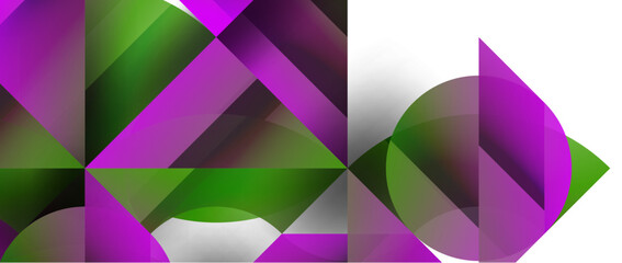 A creative arts piece featuring a purple and green geometric pattern of triangles, rectangles, and petals on a white background, showcasing symmetry and material properties