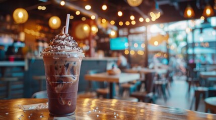 Cup frappe food photography on blurred background with copy space for text placement - obrazy, fototapety, plakaty