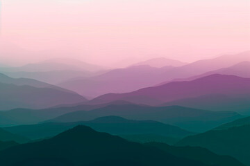 Layered mountain landscape in pink and teal hues, tranquil dawn.