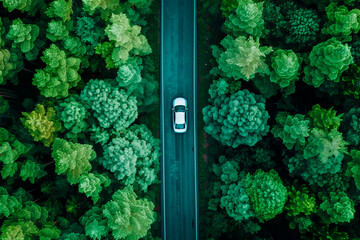 Aerial top down view of white car driving through lush green forest road.