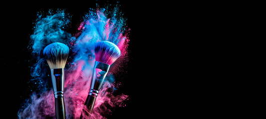 Makeup brushes with dynamic powder burst on black background with copy space.	