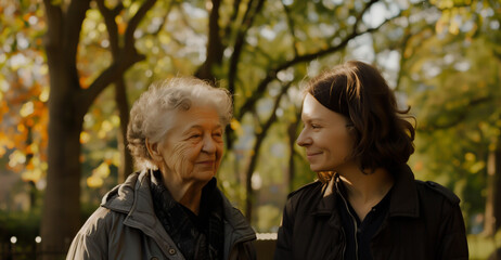 Elderly woman and younger caregiver or family member enjoying autumn park, elderly care.