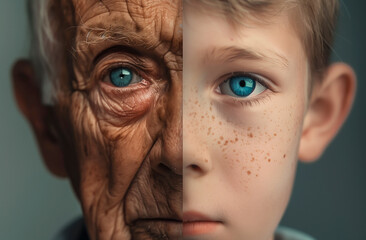 Split face portrait showing child and elderly man, aging concept.