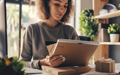Fototapeta premium A young woman in her home office is sitting at the table, surrounded by boxes of products on which she has just been working with an iPad. She looks happy while opening up