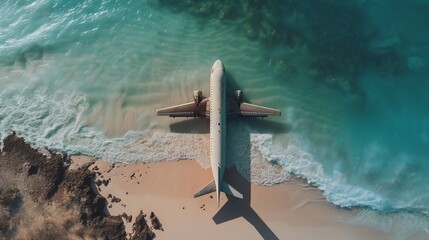 Aerial view of an abandoned airplane gently drifting on sandy beach, calming waves, adorned with flowers for a tranquil ambiance.